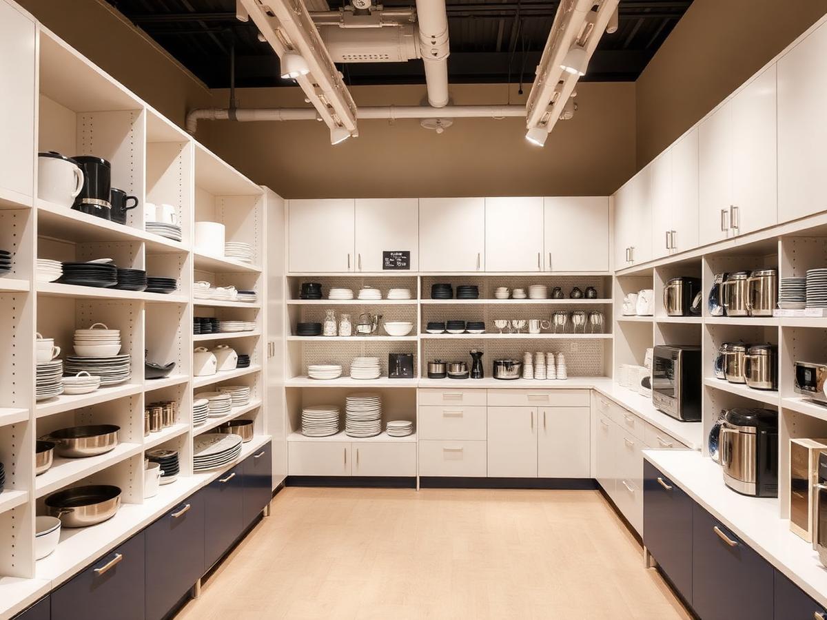 Productos de cocina y utensilios ordenados en estantes de exhibición